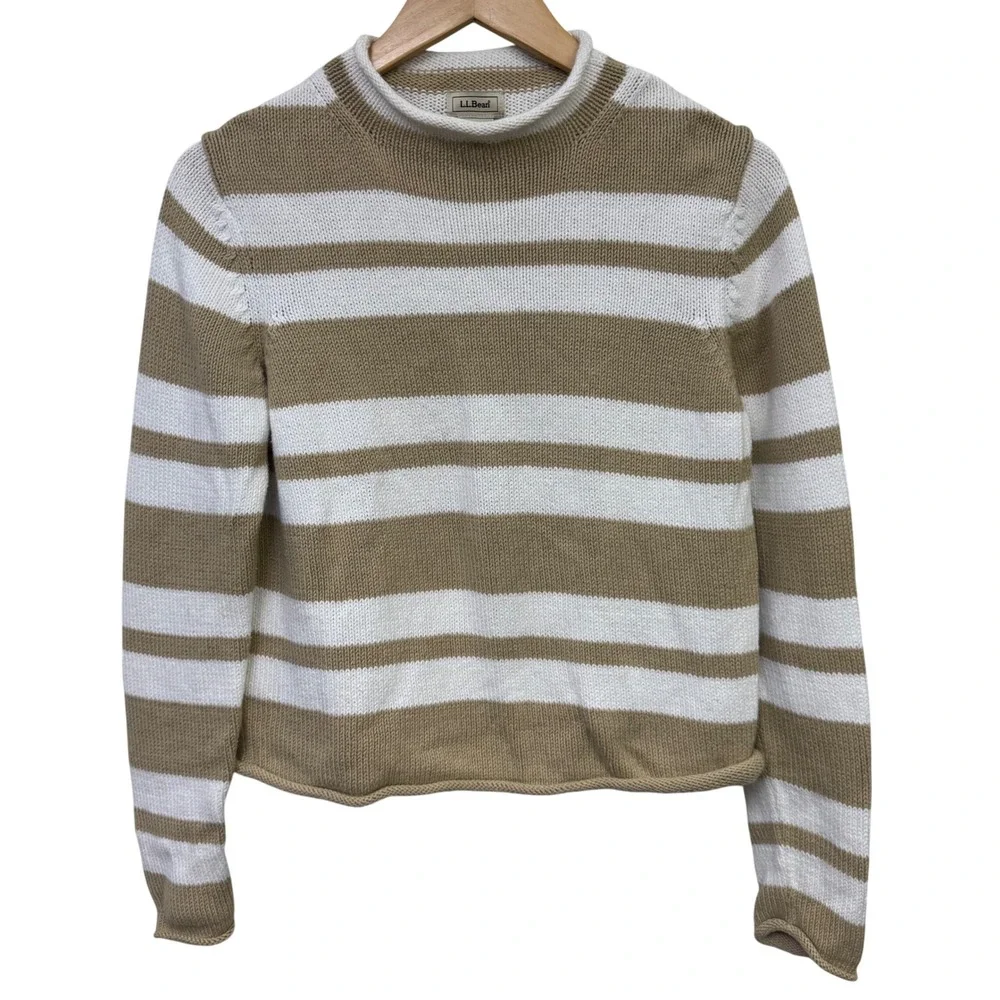 VTG LL Bean Women Roll Neck Sweater XS Tan White Striped 100% Cotton Nautical